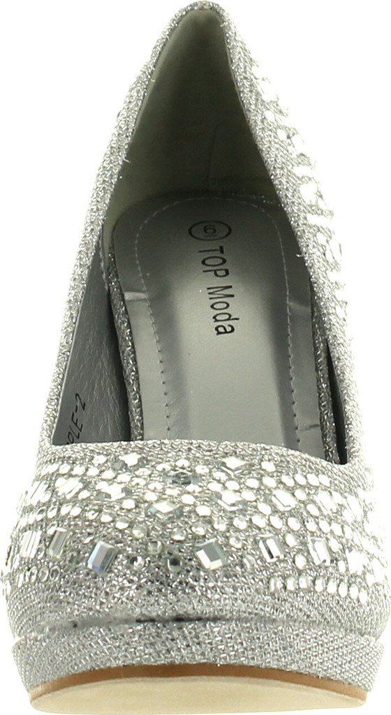 Round Toe Glitter Mesh Rhinestone Studded Low Platform Pump Heels