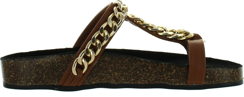 Wild Rose Womens Candice-06 Toe Strap Chained Slip On Footbed Flat Platform Sandals