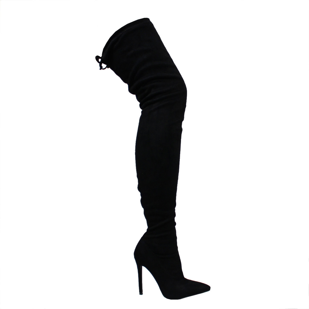 Ll Gisele-7 Thigh High Stretchy Suede Material Pointy Toe Stiletto Heel Boots Black