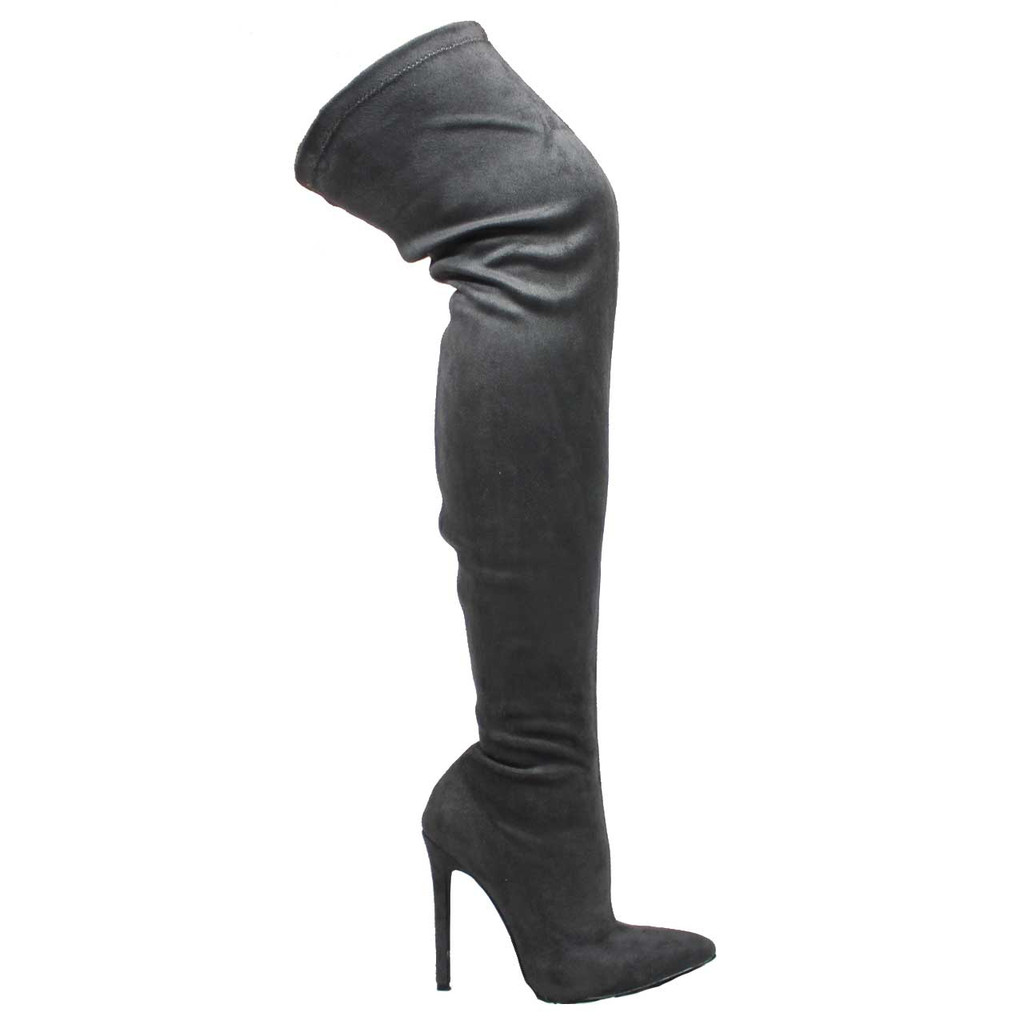 Ll Gisele-7 Thigh High Stretchy Suede Material Pointy Toe Stiletto Heel Boots Black