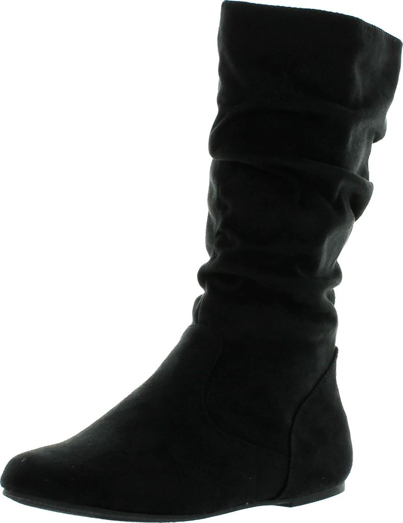 Soda Zuluu-2 Soda Girls Fashion Slouchy Knee-High Flat Boots With Side Zipper In Black Faux Suede