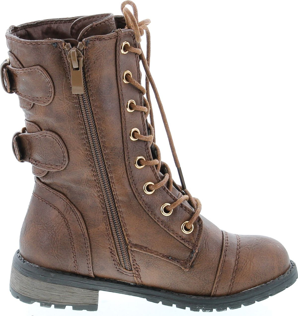 Link Girls Mango-79 Kids Combat Lace Up Quilted Dual Buckle Zip Decor Mid Calf Motorcycle Boots