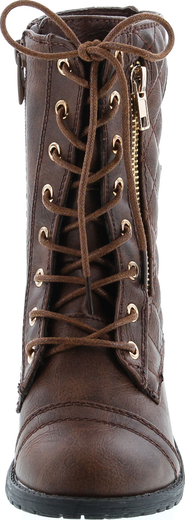 Link Girls Mango-79 Kids Combat Lace Up Quilted Dual Buckle Zip Decor Mid Calf Motorcycle Boots