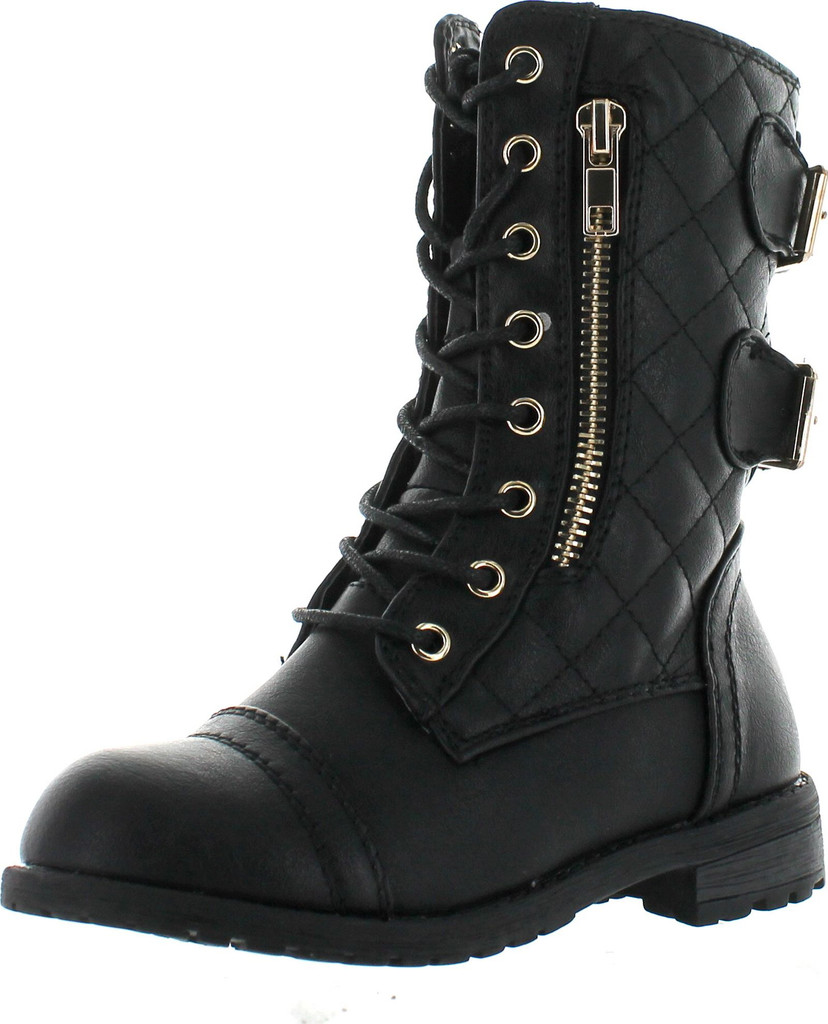 Link Girls Mango-79 Kids Combat Lace Up Quilted Dual Buckle Zip Decor Mid Calf Motorcycle Boots