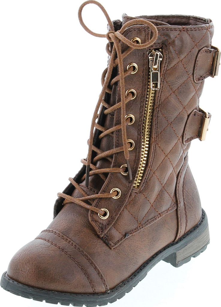 Link Girls Mango-79 Kids Combat Lace Up Quilted Dual Buckle Zip Decor Mid Calf Motorcycle Boots