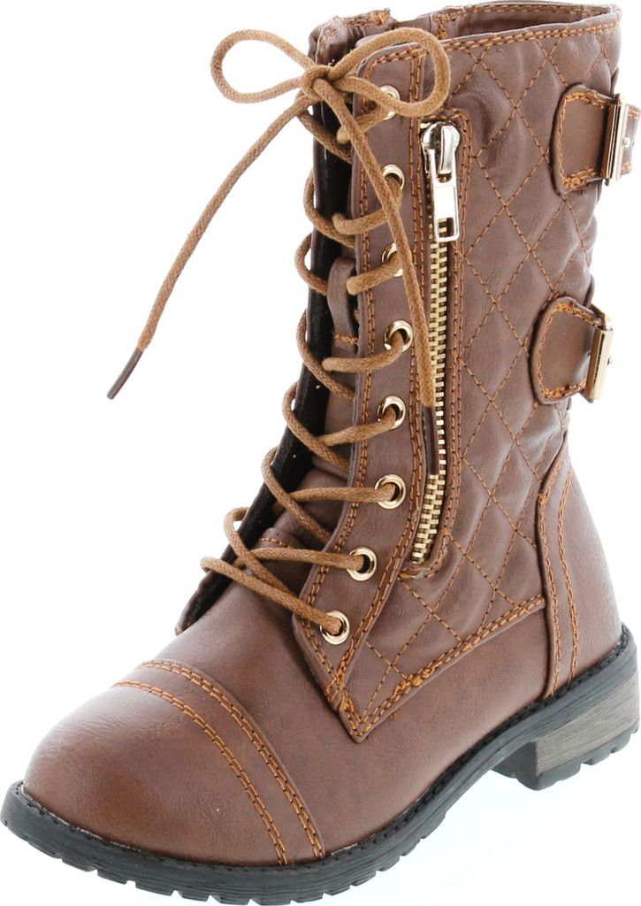 Link Girls Mango-79 Kids Combat Lace Up Quilted Dual Buckle Zip Decor Mid Calf Motorcycle Boots
