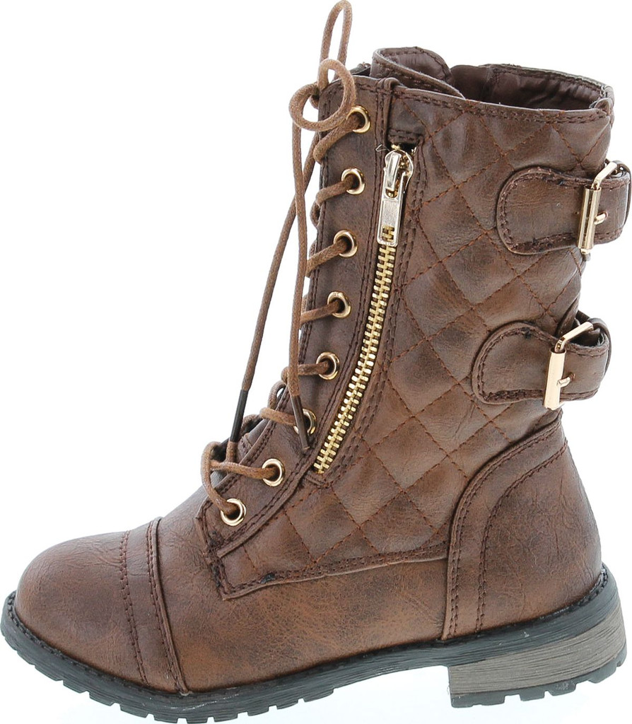 Link Girls Mango-79 Kids Combat Lace Up Quilted Dual Buckle Zip Decor Mid Calf Motorcycle Boots