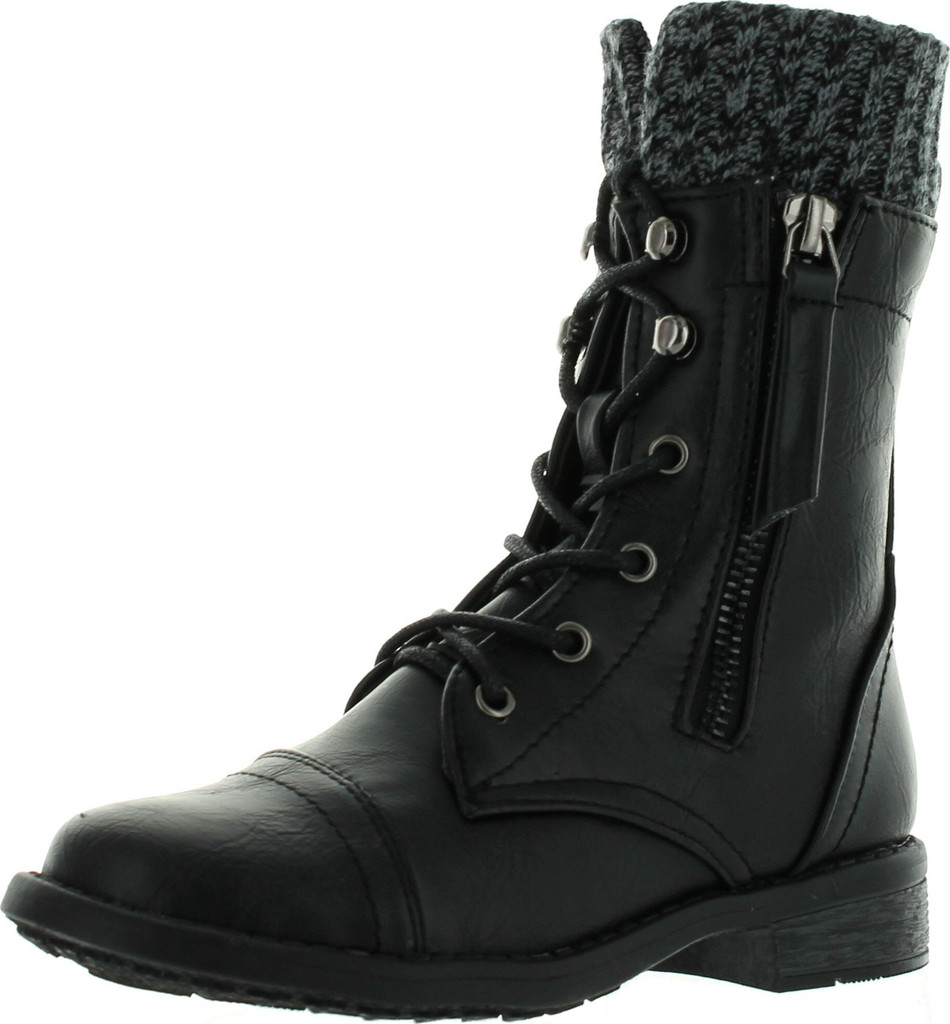Link Girls Justina58k Kids Leatherette Sweater Cuff Lace Up Zip Decor Mid Calf Ankle Combat Boots