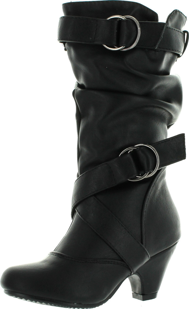 Link Pauline-39K Jr Girls Slouch Buckle High Heel Mid Calf Boots