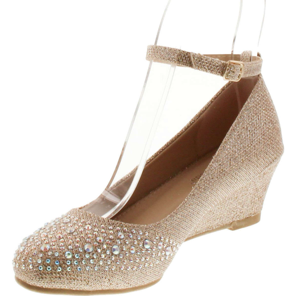 Top Moda Women's Wedge Glitter Rhinestone Round Toe Adjustable Ankle Strap Shoes