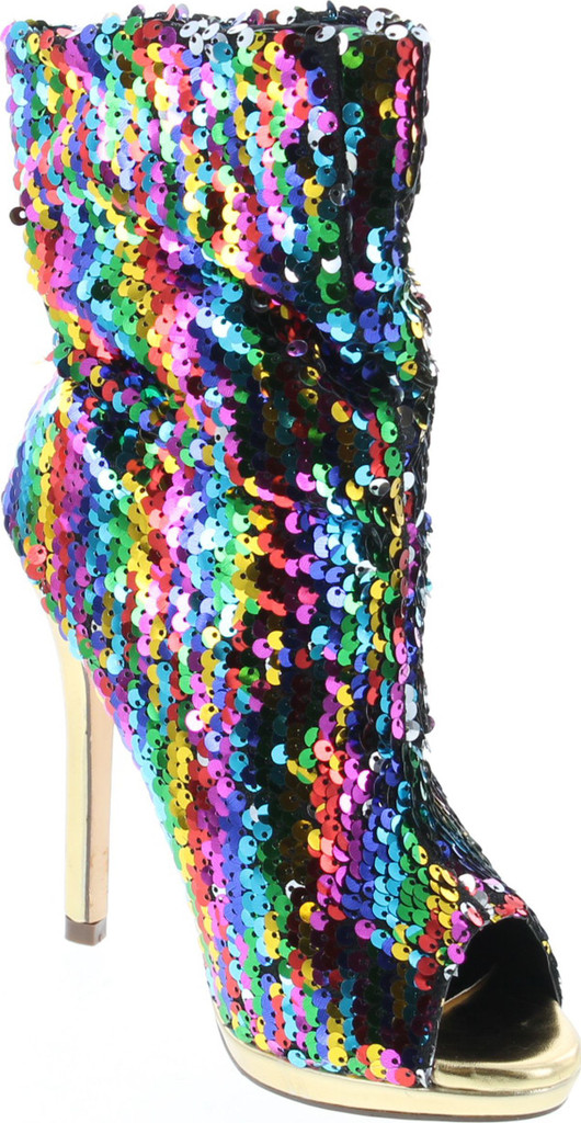 Liliana Maxim-12 Multi Color Sequins Peep Toe High Heel Above Ankle Bootie