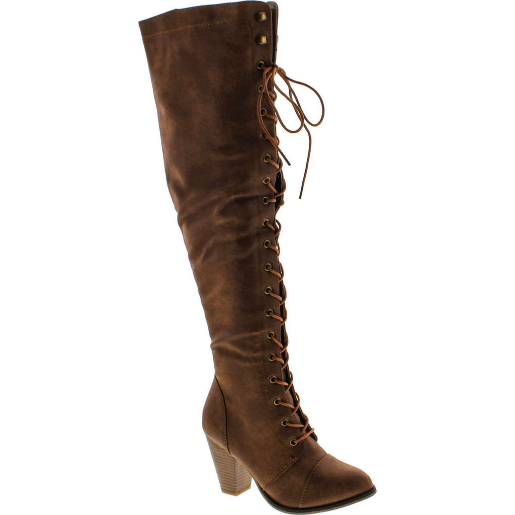 Forever Camila-48 Womens Chunky Heel Lace Up Over The Knee High Riding Boots