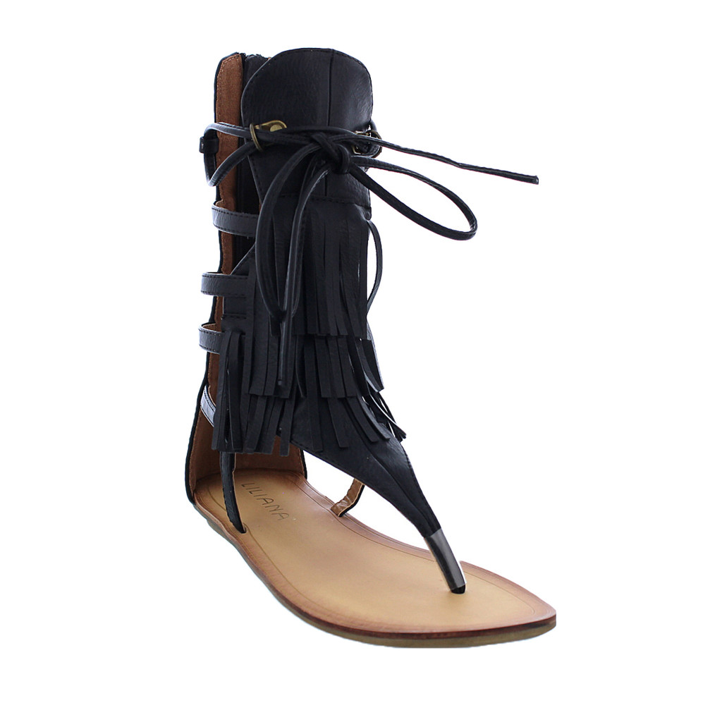 Liliana Avis-4 Women's Flat Lace Up 3 Layers Fringe Flip Flop Gladiator Sandal