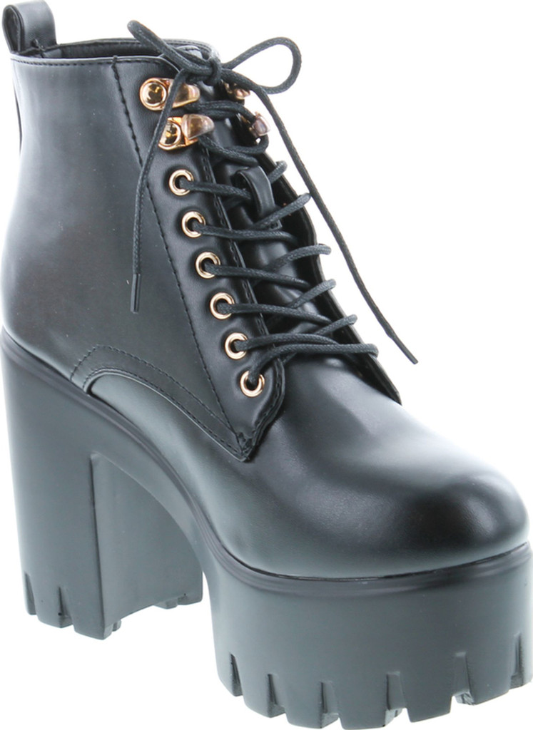 Soda Women's Climate Faux Leather Lace-Up Thick Platform Chunky Heel Lug Ankle Bootie