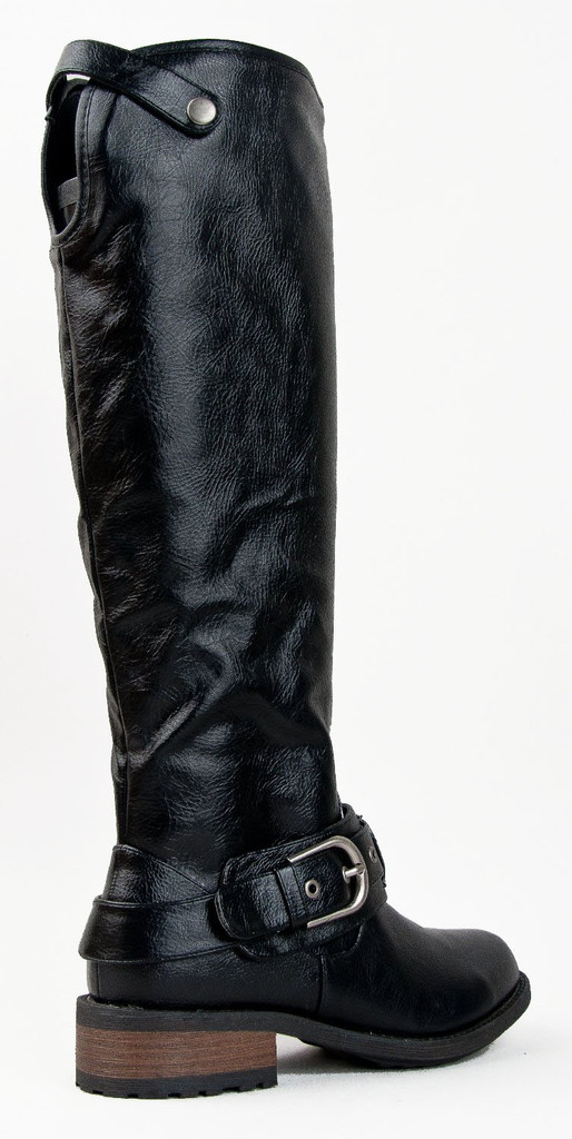 Qupid Relax-39 Basic Casual Knee High Stacked Heel Buckle Riding Boot