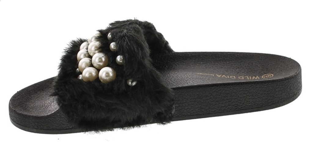 Wild Diva Women's Matty-04A Embellished Pearl Faux Fur Platform Wedge Slide Sandal