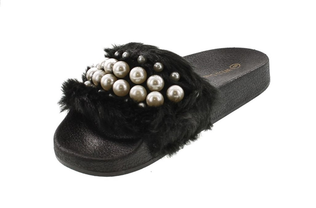 Wild Diva Women's Matty-04A Embellished Pearl Faux Fur Platform Wedge Slide Sandal