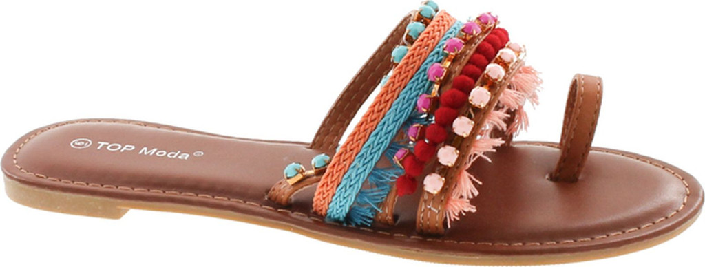 Top Moda Women's Flat Bohemian Tribal Style Sandal With Fringe And Faux Stones