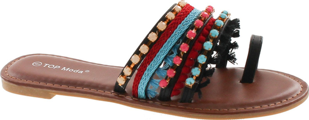Top Moda Women's Flat Bohemian Tribal Style Sandal With Fringe And Faux Stones