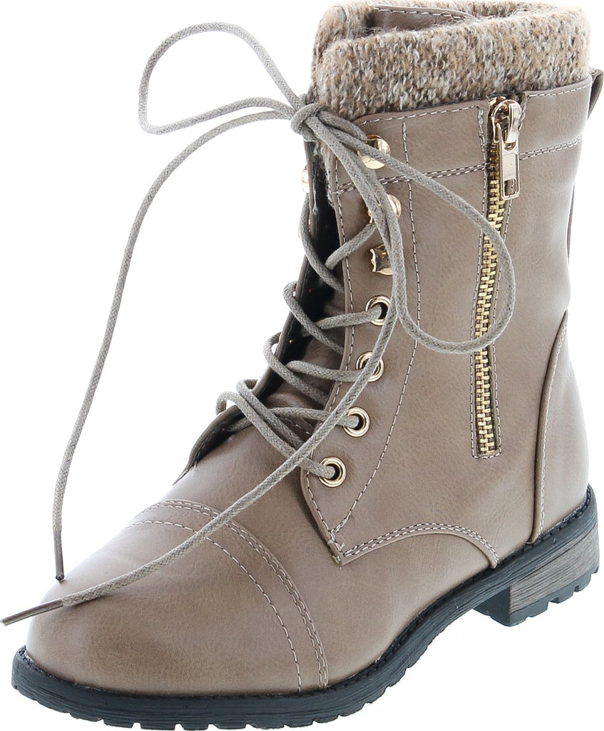 Link Mango-31 Kids Round Toe Military Lace Up Knit Ankle Cuff Low Heel Combat Boots