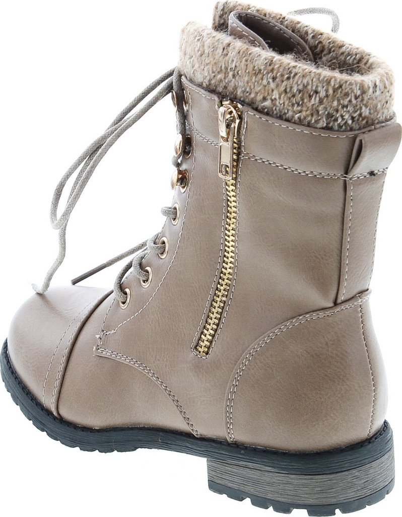 Link Mango-31 Kids Round Toe Military Lace Up Knit Ankle Cuff Low Heel Combat Boots