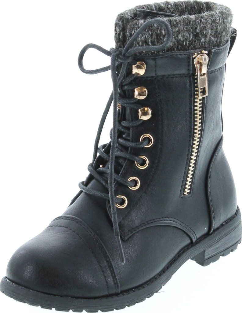 Link Mango-31 Kids Round Toe Military Lace Up Knit Ankle Cuff Low Heel Combat Boots