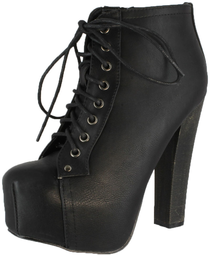 Breckelle's Britney-01 Lace Up Wooden Chunky High Heel Ankel Boot Bootie