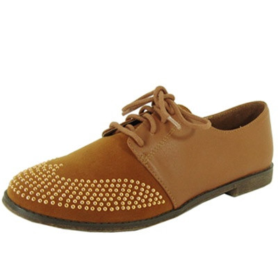 Qupid Strip-85 Studded Two Tone Lace Up Colorblock Oxford Flat Shoe