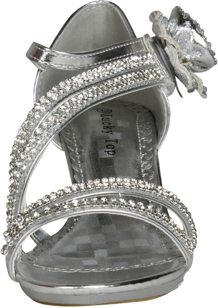 Lucky Top Girls F 32K Little Girls Rhinestone Heel Platform Dress Sandals Silver
