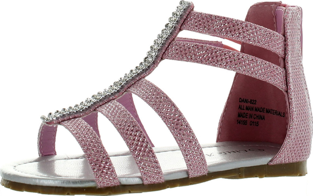Little Angel Dani-822 Toddler's Strappy Rhinestone Back Zipper Flat Sandal Shoes