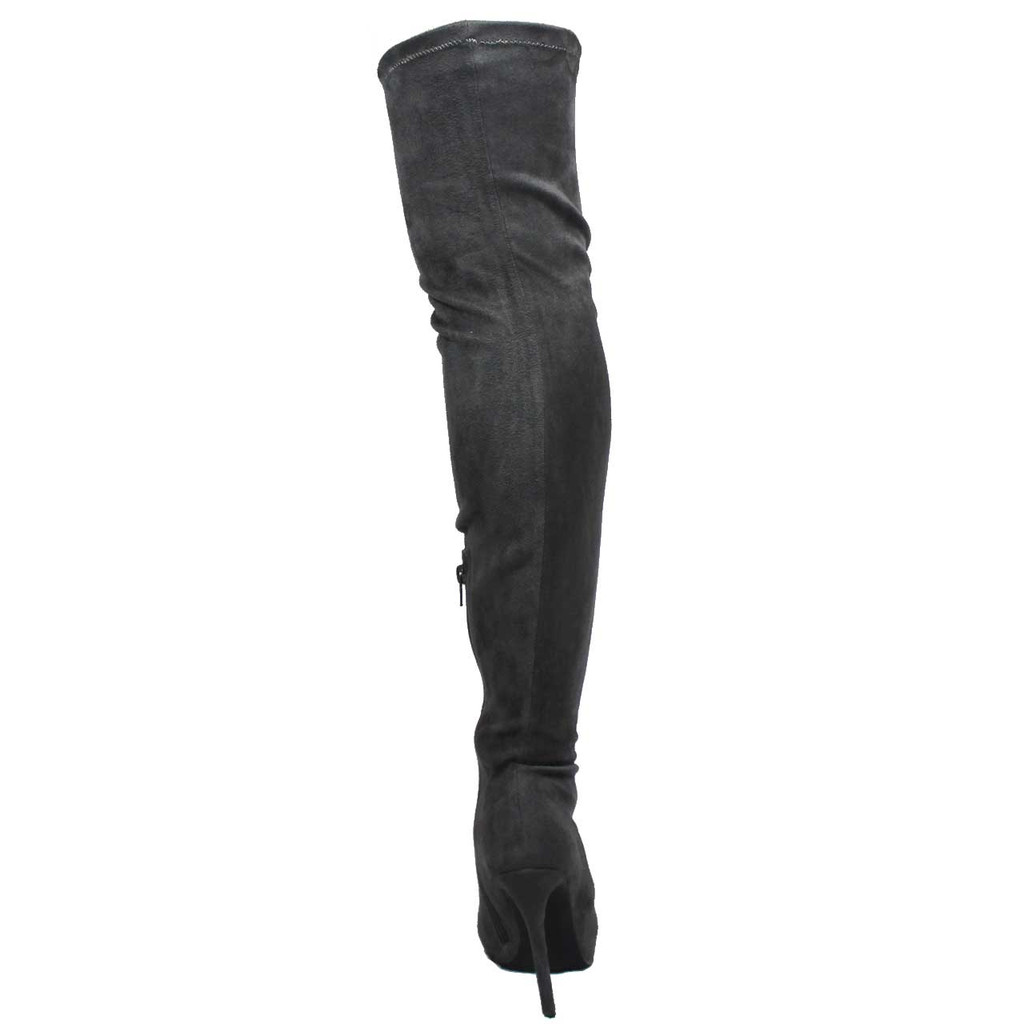 Ll Gisele-7 Thigh High Stretchy Suede Material Pointy Toe Stiletto Heel Boots Gray
