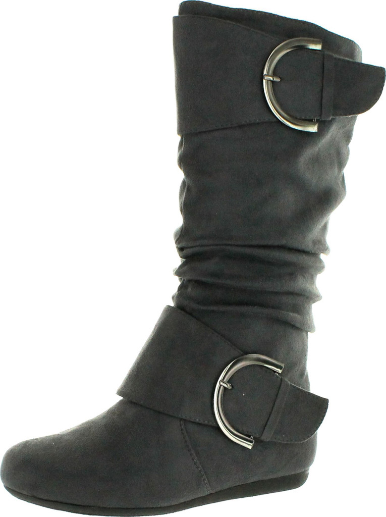 Top Moda Womens Bank-81 Mid Calf Round Toe Buckle Slouched Flat Boots