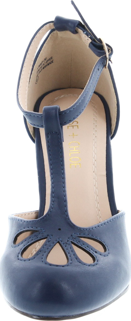 Static Footwear Kimmy-36 Women's Teardrop Cut Out T-Strap Mid Heel Dress Pumps