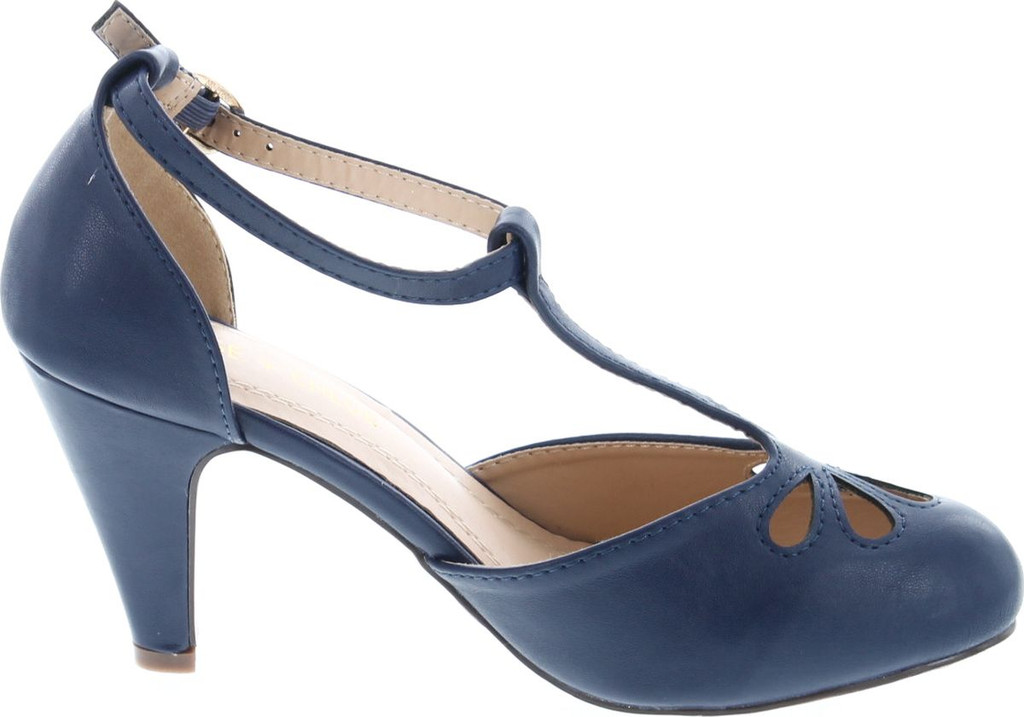 Static Footwear Kimmy-36 Women's Teardrop Cut Out T-Strap Mid Heel Dress Pumps