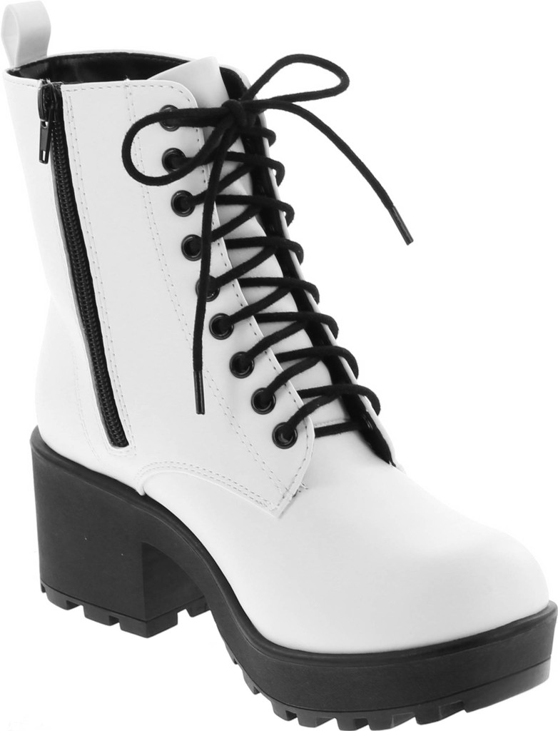 Soda Women's Magpie Faux Leather Lace-Up Combat Mid Heel Military Ankle Boots