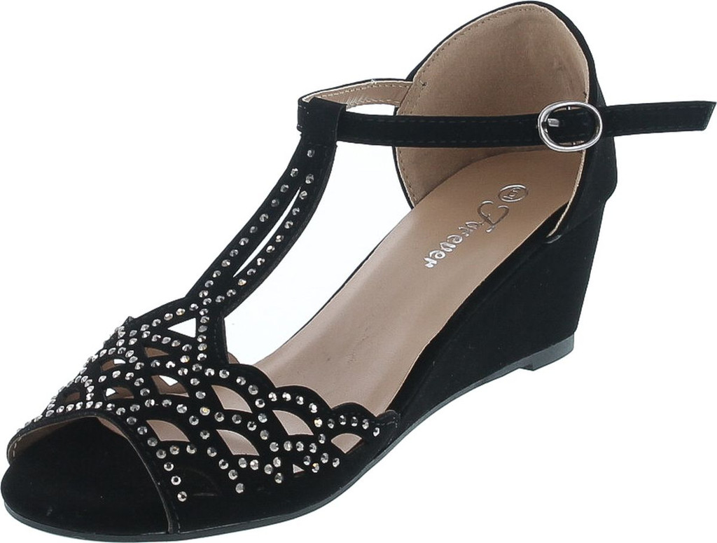 Blaze04 Rhinestone Peep Toe Cut Out Ankle Strap Low Wedge Dress Sandal