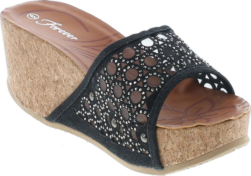 Forever Womens Cork Wedge Open Toe Rhinestone Embellished Sandals