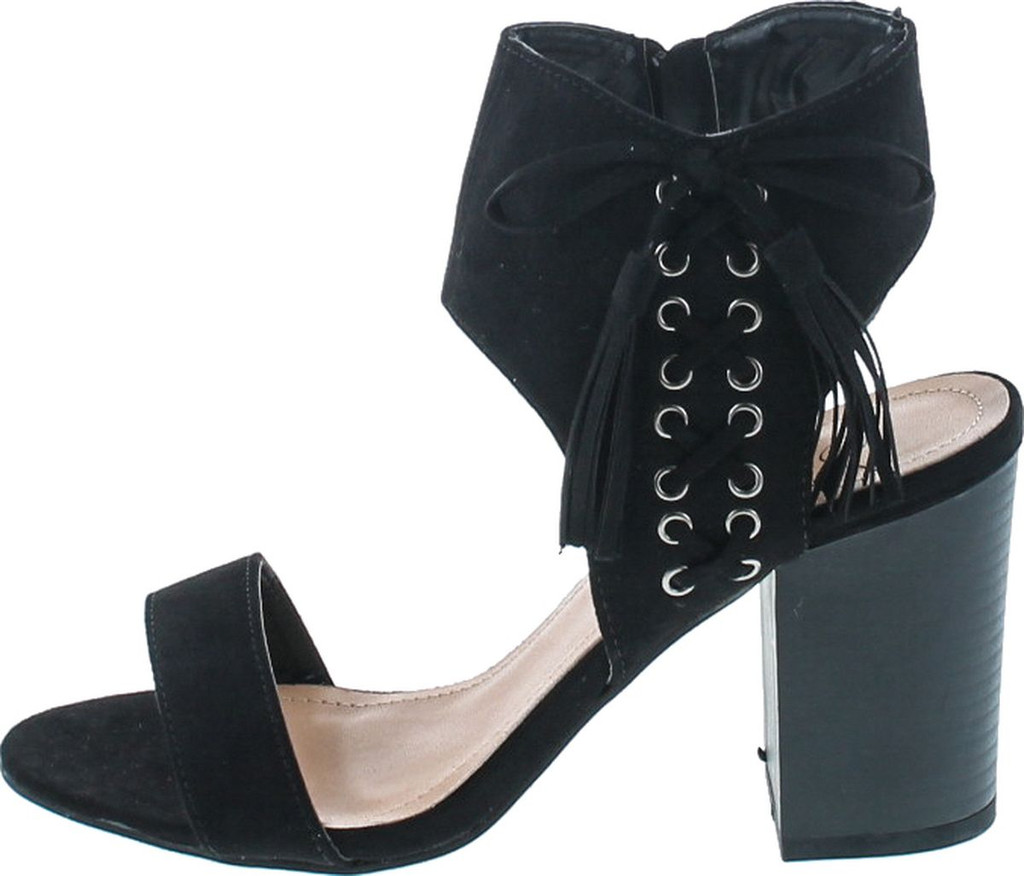 Top Moda Women's Lace Up Side Top Moda Troy-1 Tassel Fringe Stacked Chunky Heel Sandal
