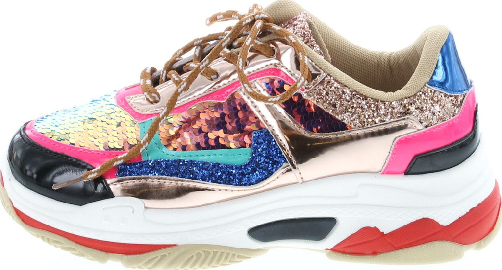 Yoki Tubuler-04 Women's Chunky Trainer Sequin Lace Up Fashion Sneaker