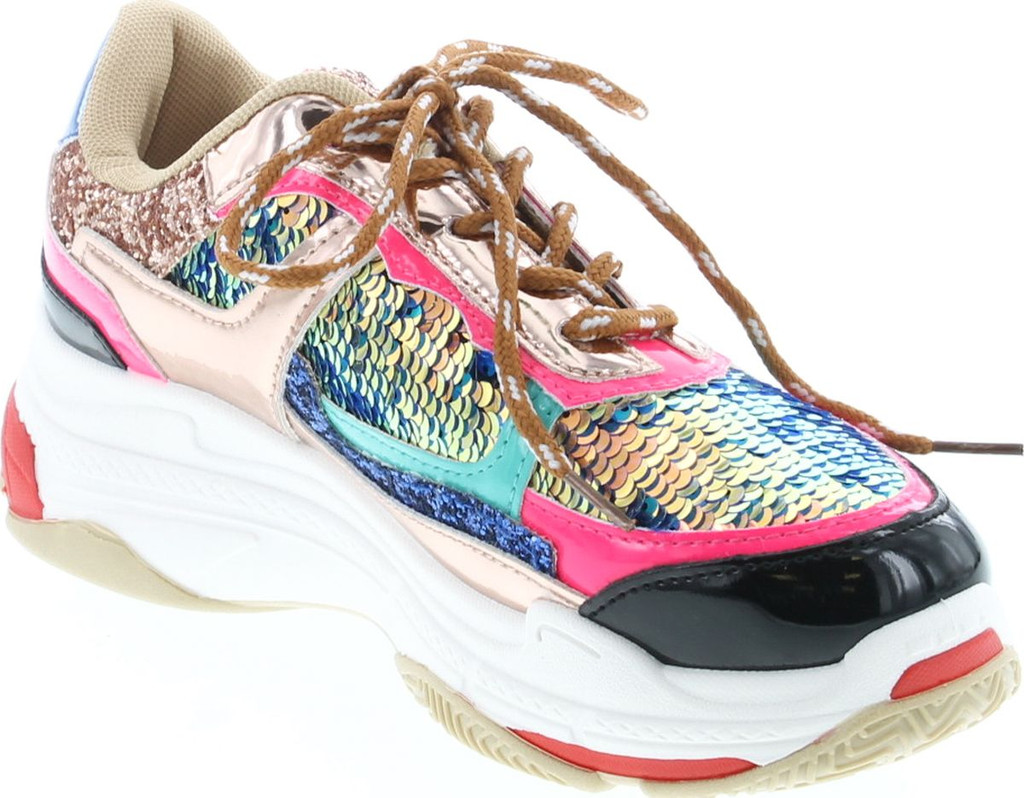 Yoki Tubuler-04 Women's Chunky Trainer Sequin Lace Up Fashion Sneaker
