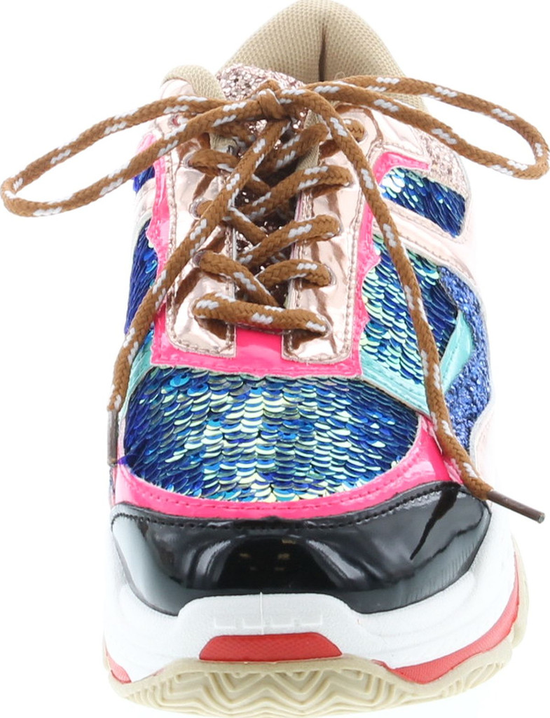 Yoki Tubuler-04 Women's Chunky Trainer Sequin Lace Up Fashion Sneaker