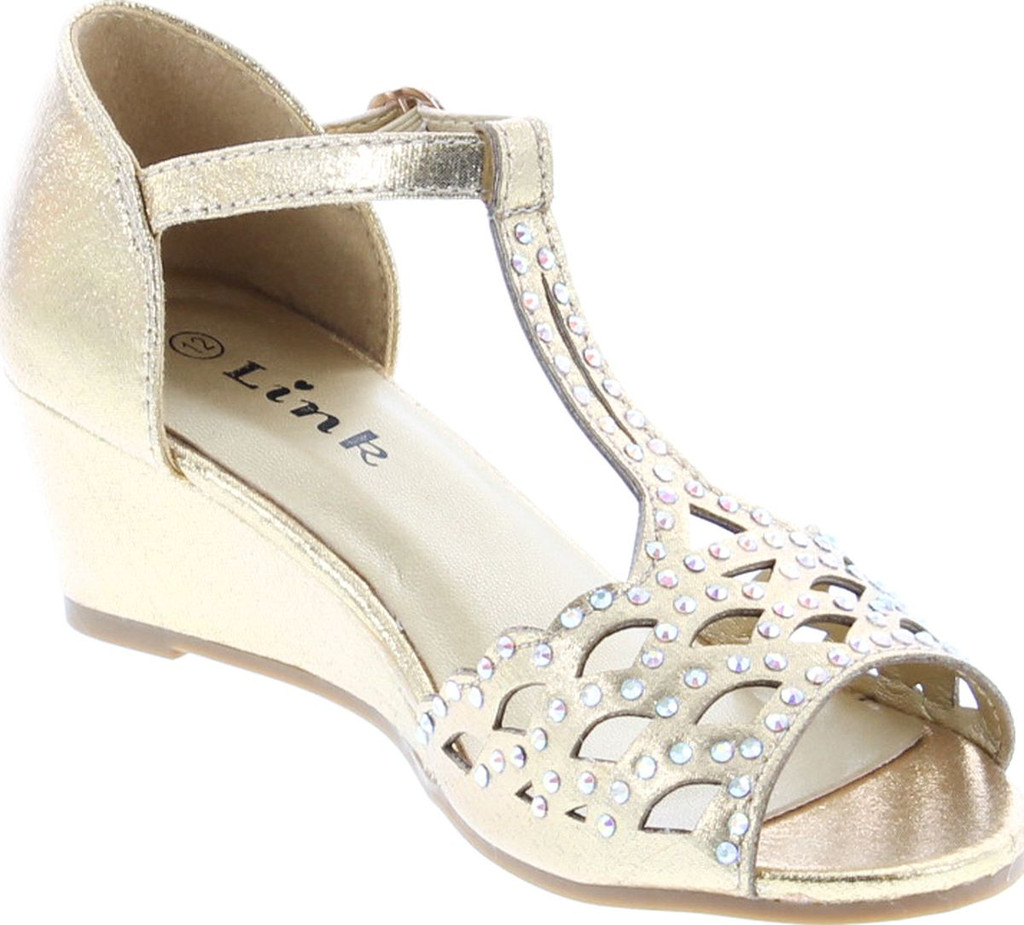 Blaze04 Kids Rhinestone Peep Toe Cut Out Ankle Strap Wedge Dress Sandal Shoes