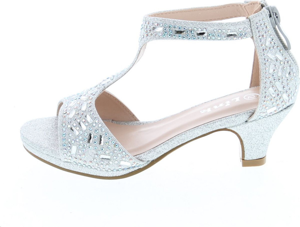 Link Excited-95K Girl's Glitter Rhinestone T-Strap Back Zipper Wrapped Heel Sandals