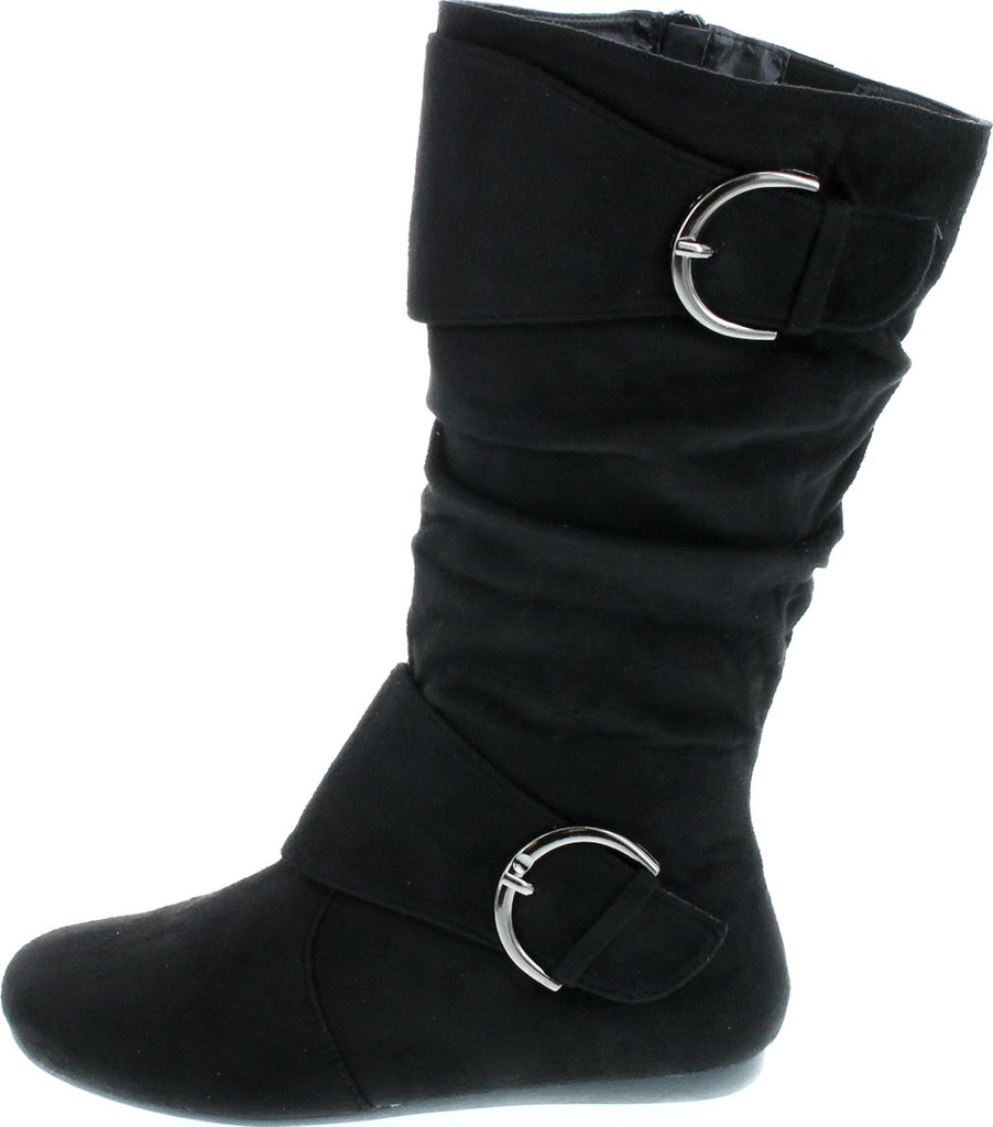 Forever Link Women's Klein-70 Closed Round Toe Buckle Slouch Flat Heel Mid-Calf Boot