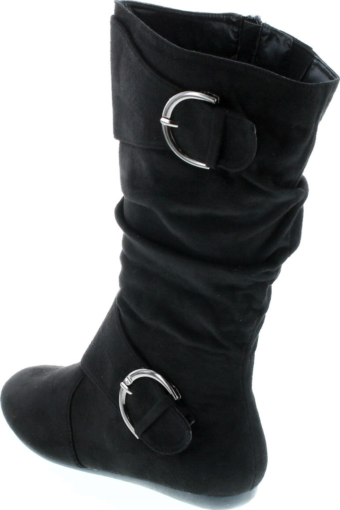 Forever Link Women's Klein-70 Closed Round Toe Buckle Slouch Flat Heel Mid-Calf Boot
