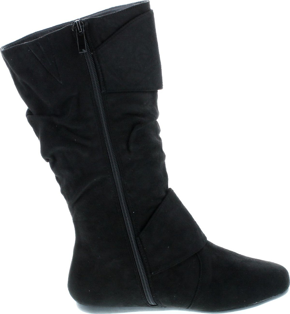 Forever Link Women's Klein-70 Closed Round Toe Buckle Slouch Flat Heel Mid-Calf Boot