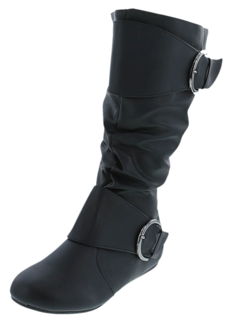 Forever Link Women's Klein-70 Closed Round Toe Buckle Slouch Flat Heel Mid-Calf Boot