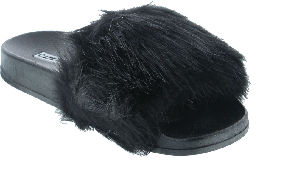 Cape Robbin Moira-5 Women Flip Flop Faux Fuzzy Fur Slide Slip On Flat Sandal Shoe Slipper Black