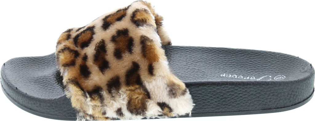 Forever Izzy-19 Fluffy Furry Faux Fur Single Band Slide, Slipper Sandal W Footbed Folding