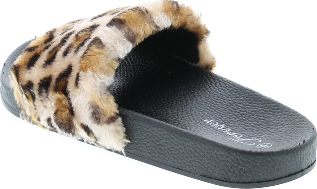 Forever Izzy-19 Fluffy Furry Faux Fur Single Band Slide, Slipper Sandal W Footbed Folding
